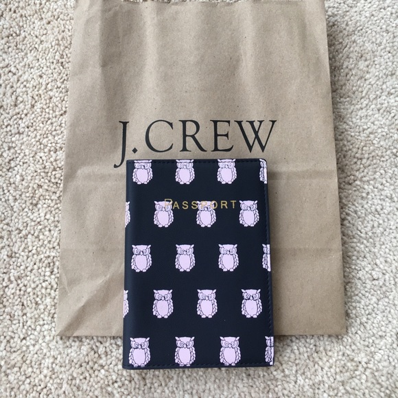 J. Crew Handbags - J. CREW Leather Passport Case, Navy Blue Pink Owls